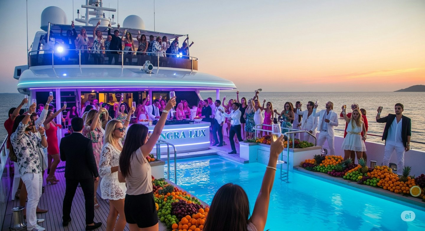 Group of people raising glasses for a toast on a yacht deck.